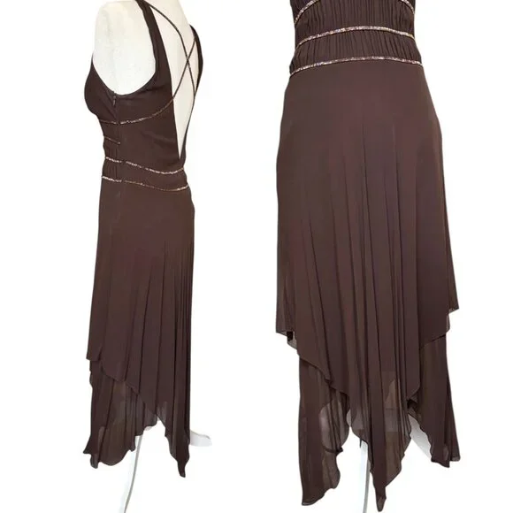 Y2K BCBGMAXAZRIA Brown Asymmetrical Fairy Dress Breaded, Size 4, 100% Silk - Picture 7 of 11